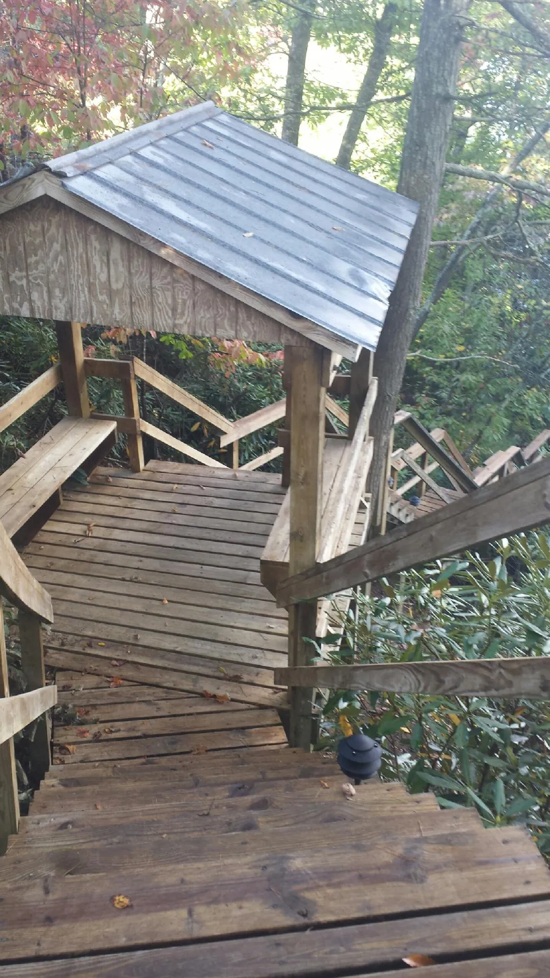 Metal roofed shelter over wooden steps on a wooded walkway — Skylight Repair & Installation work by our crew in Colleyville